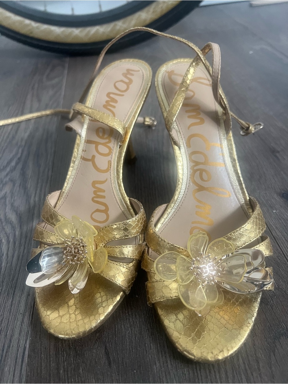 Sam Edelman Metallic Gold Floral Slingback Heels